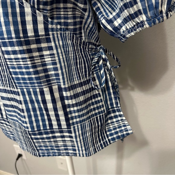 J. Crew Puff Sleeve Wrap Blouse Top Women's Small Blue Indigo Patchwork Preppy - Picture 3 of 10